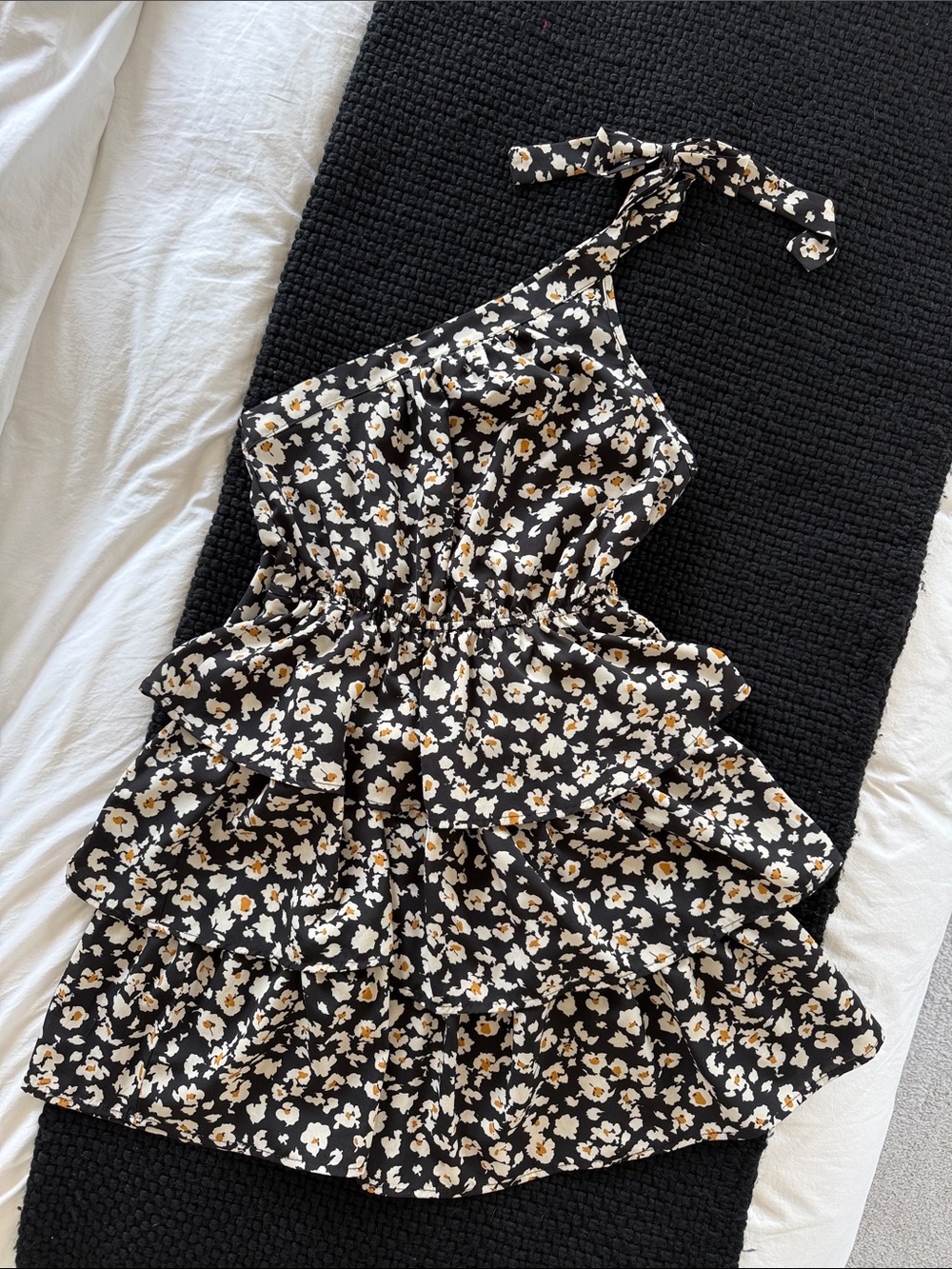 Black Floral One-Shoulder Ruffle Dress
